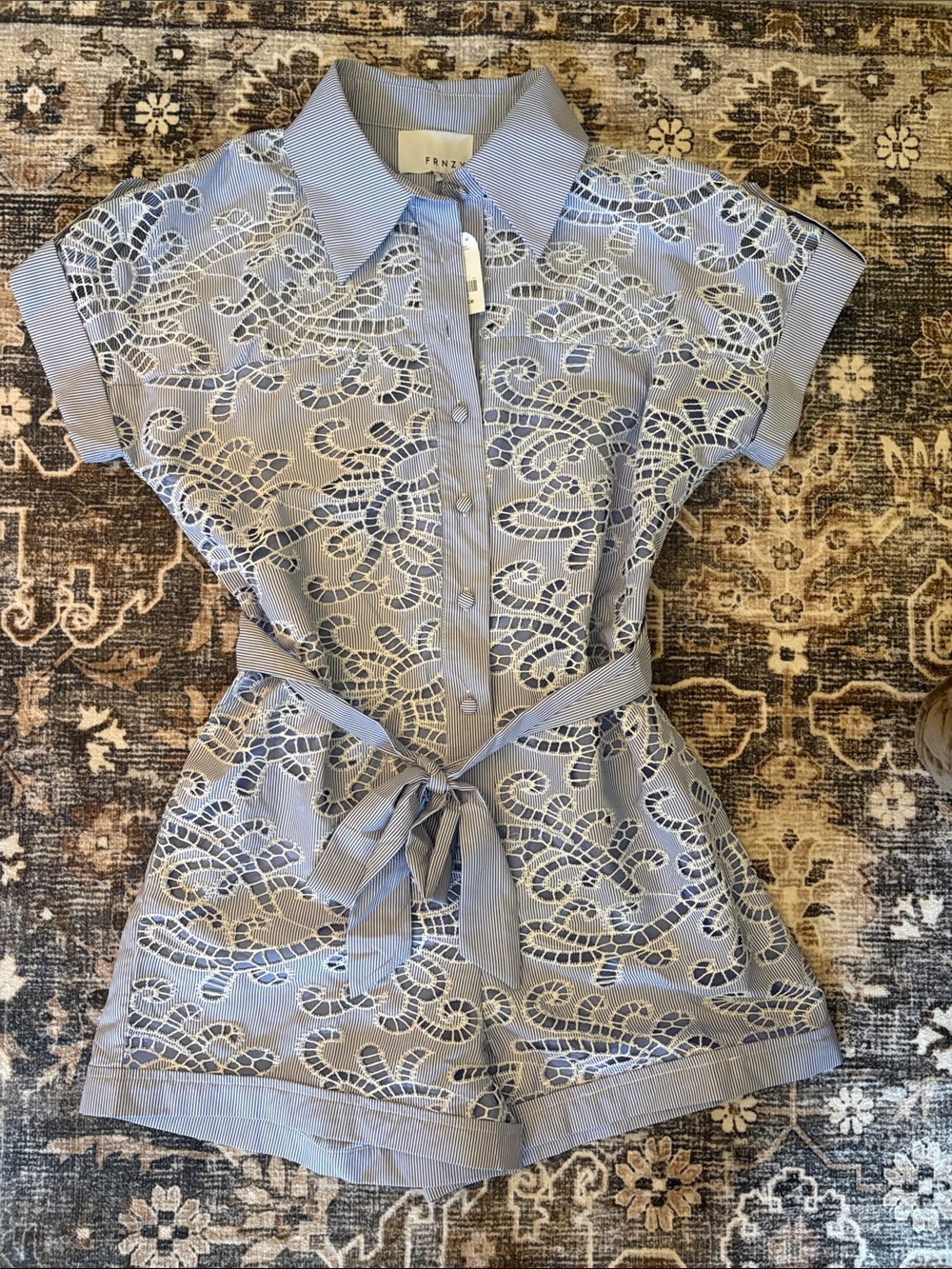 Blue Striped Eyelet Button-Down Shirt with Tie Waist